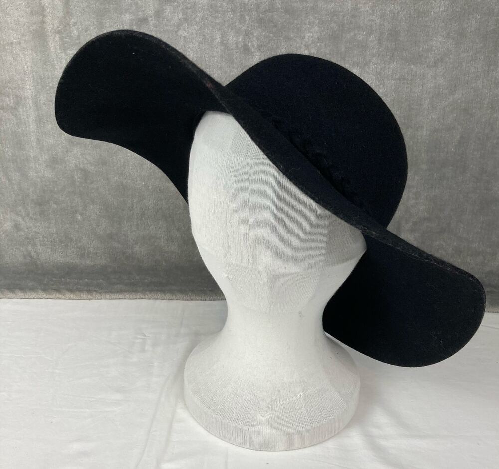 Floppy Wide Brim Hat Women Black 100% Wool Braided Band Boho Chic Fall Dramatic